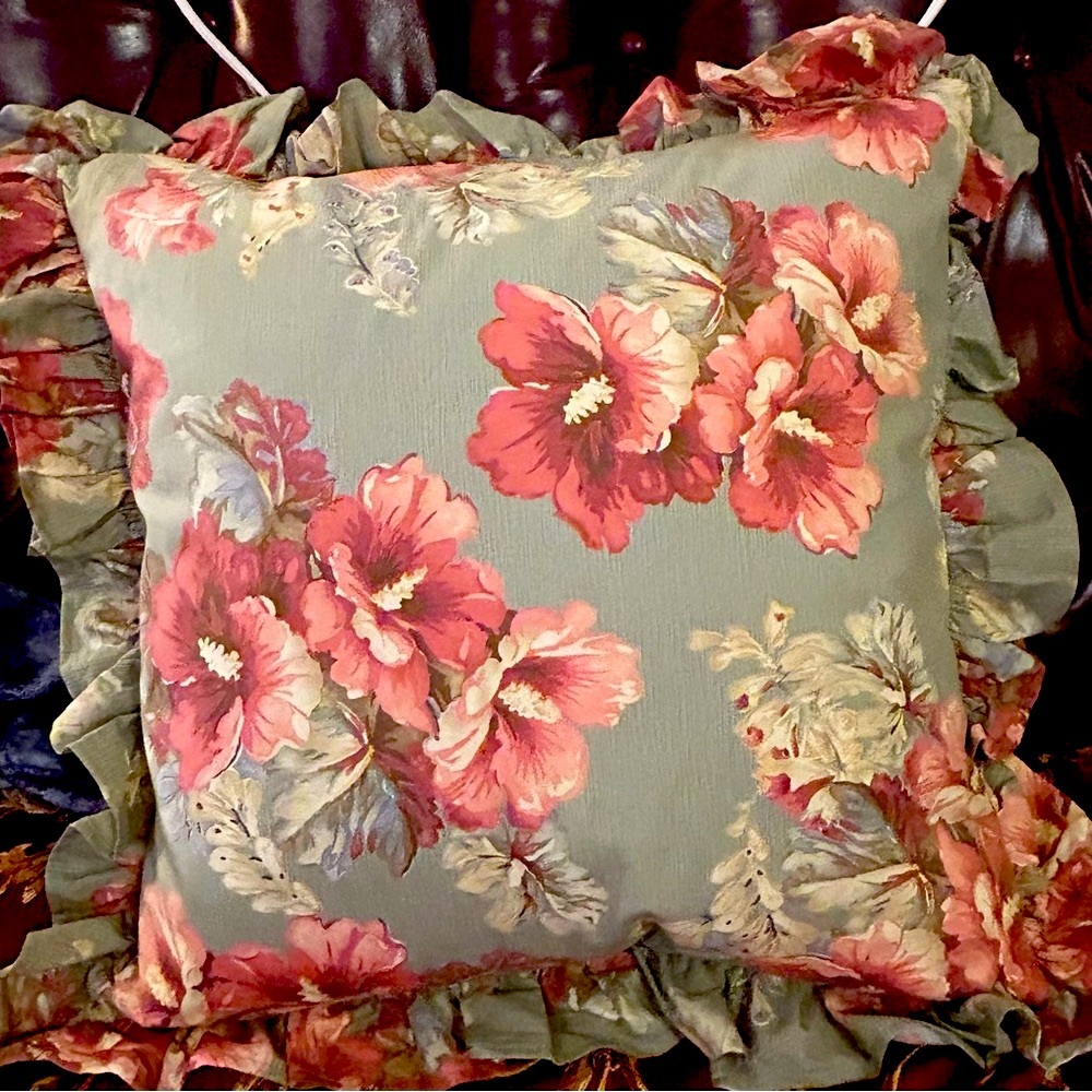 vtg Ralph Lauren Shetland Manor Floral Hibiscus Peony Ruffle Throw Pillow 20x20